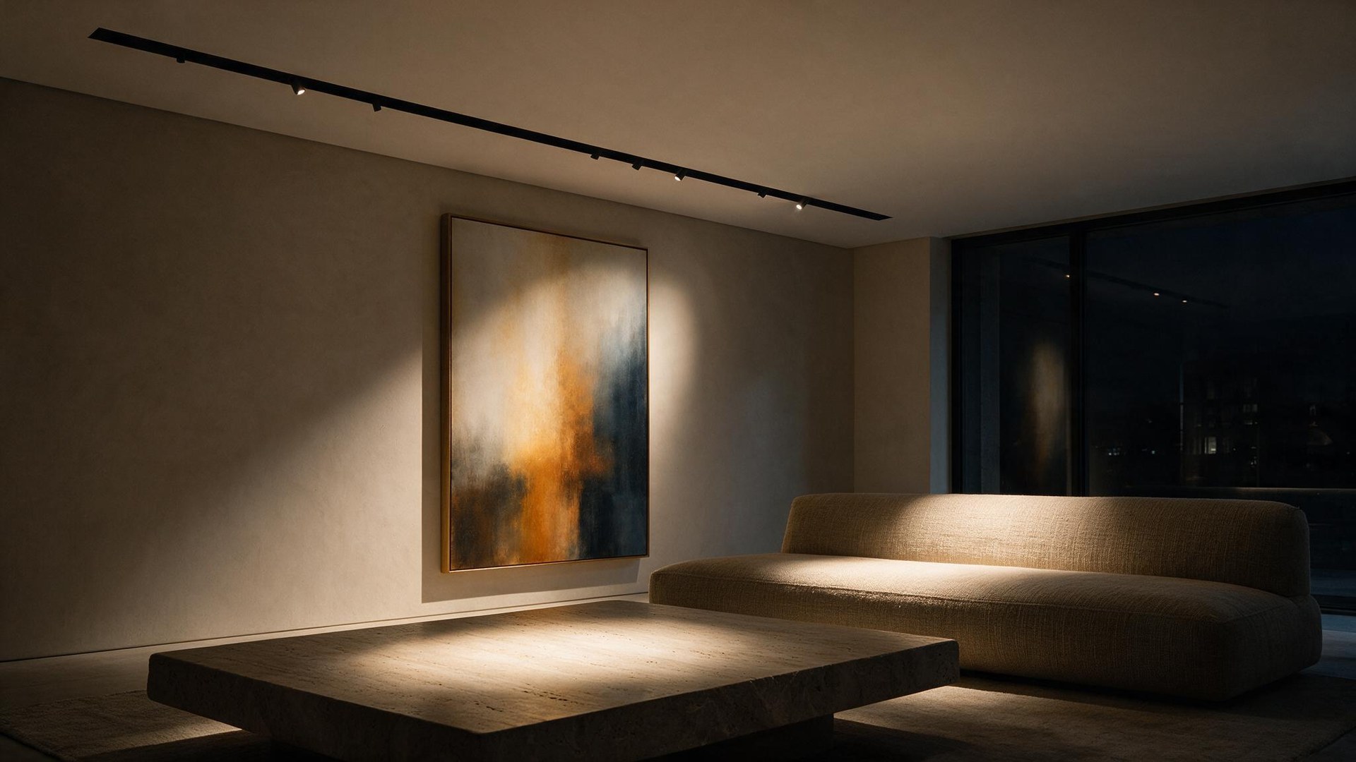 AXIS no forro de um living, com fachos sobre quadro e mesa de travertino